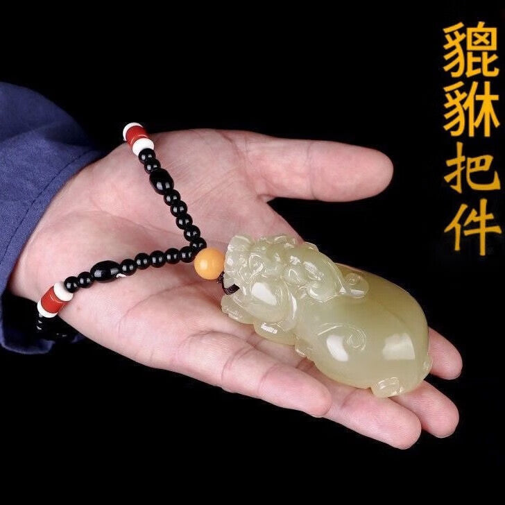 Natural Afghan Jade Pixiu Handheld Ornament, Bluish - white Jade Pixiu Pendant, Imitation Hetian Jade Men's & Women's Style Jade Pendant