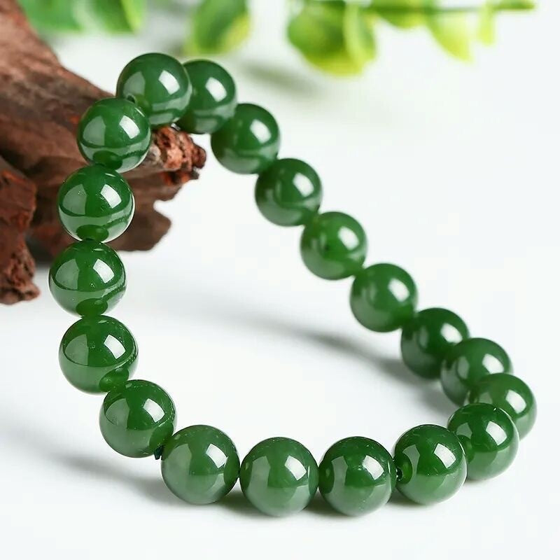 Xinjiang Jade Bracelet, Outer Mongolia Jade Spinach - Green Round Bead Bracelet, Elegant Unisex Full - Green Bracelet, Factory Wholesale