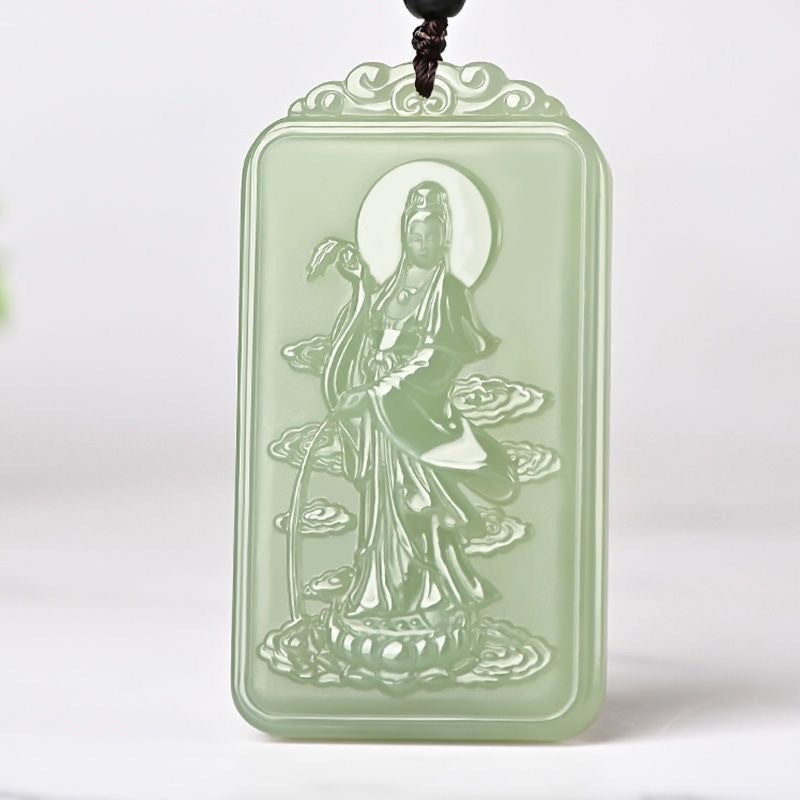 Natural Afghan Jade Guanyin Pendant | Celadon - White Jade Guanyin with Pure Bottle Jade Plaque | Hetian - Jade - Colored Auspicious Cloud Guanyin Jade Pendant for Men