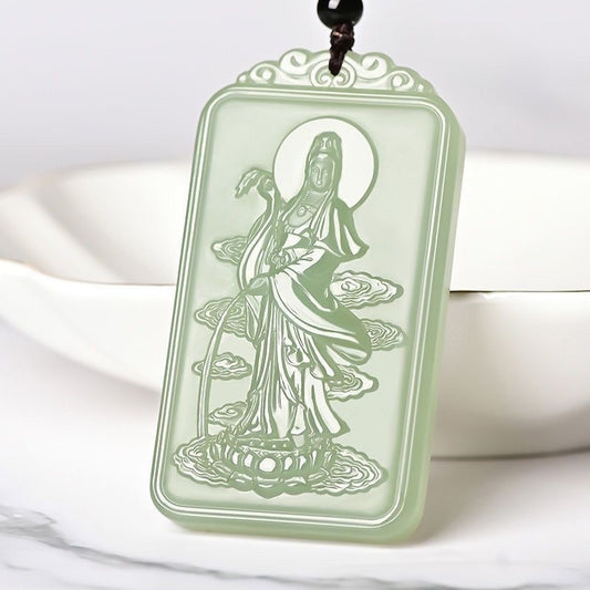 Natural Afghan Jade Guanyin Pendant | Celadon - White Jade Guanyin with Pure Bottle Jade Plaque | Hetian - Jade - Colored Auspicious Cloud Guanyin Jade Pendant for Men