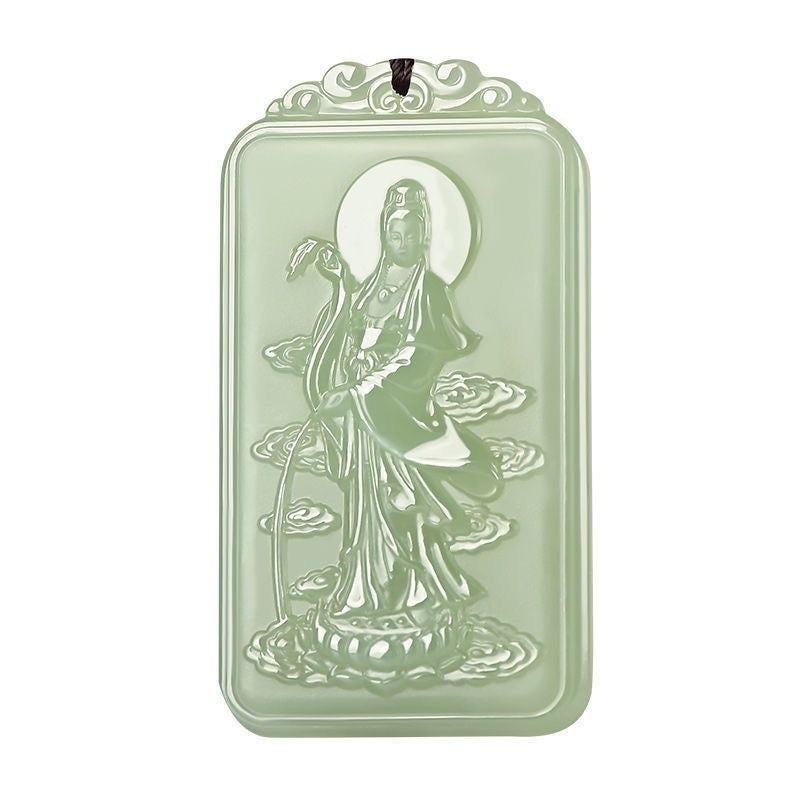 Natural Afghan Jade Guanyin Pendant | Celadon - White Jade Guanyin with Pure Bottle Jade Plaque | Hetian - Jade - Colored Auspicious Cloud Guanyin Jade Pendant for Men
