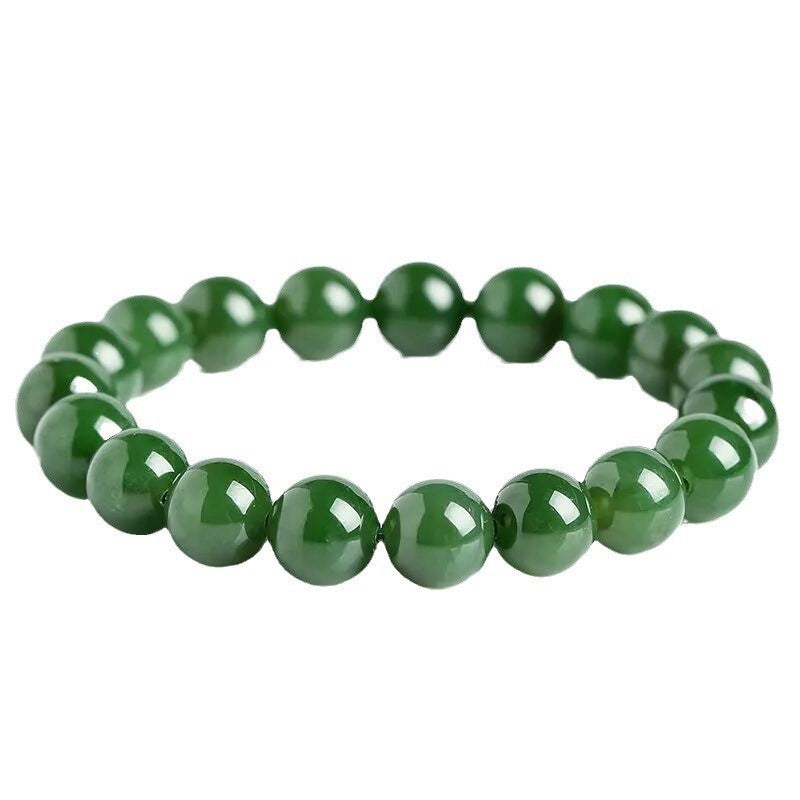 Xinjiang Jade Bracelet, Outer Mongolia Jade Spinach - Green Round Bead Bracelet, Elegant Unisex Full - Green Bracelet, Factory Wholesale